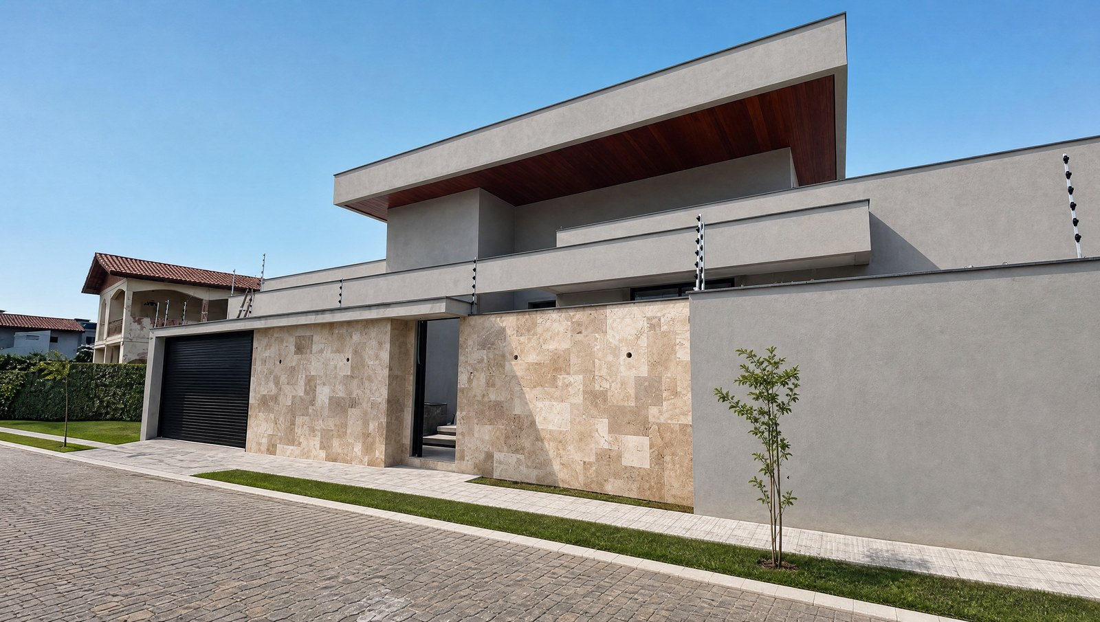 French Pattern Travertino Mix aplicado. Piso e revestimento, áreas externas e entorno de piscinas
