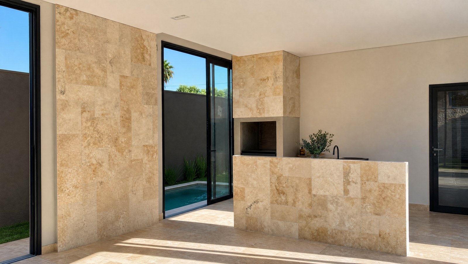 French Pattern Travertino Mix aplicado. Piso e revestimento, áreas externas e entorno de piscinas