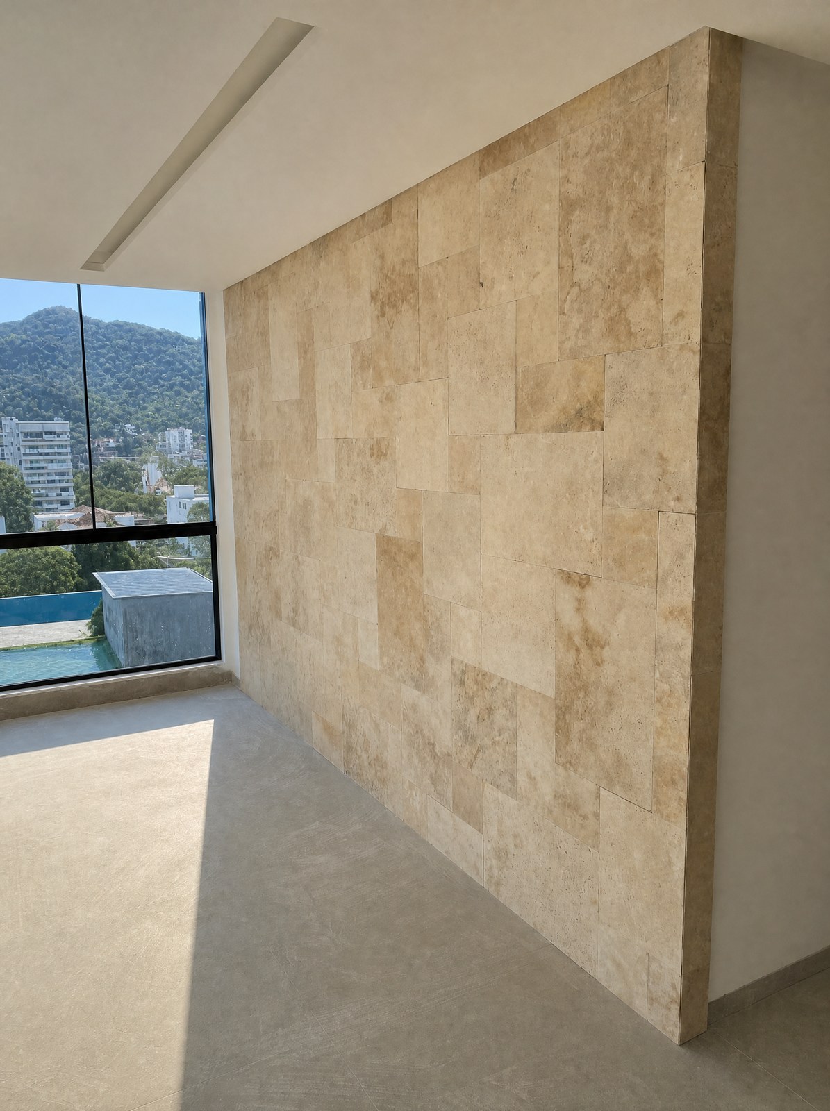 French Pattern Travertino Mix aplicado. Piso e revestimento, áreas externas e entorno de piscinas