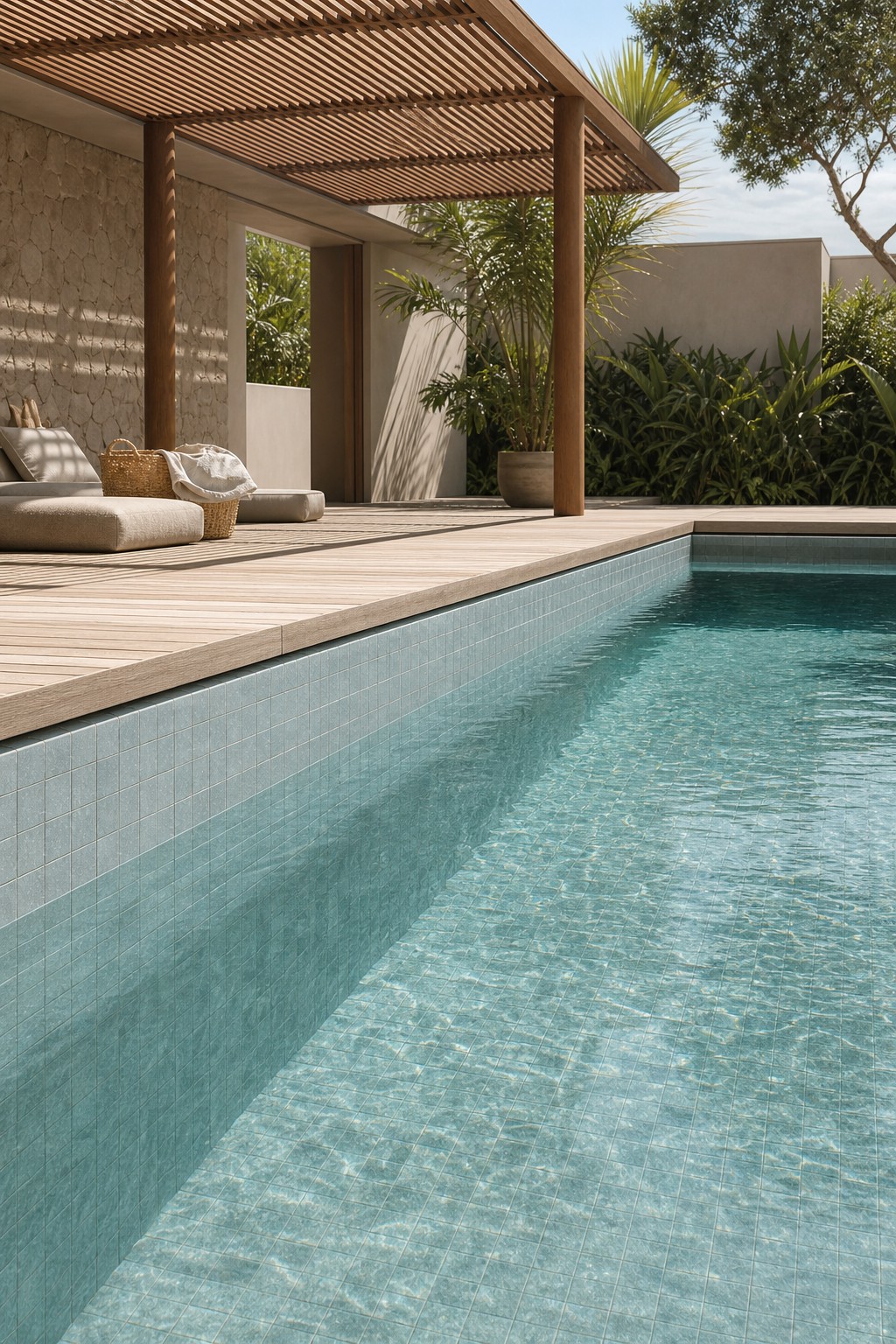 Piscina revestida em Pedra Aquamarine com deck e pergolado de madeira ao lado