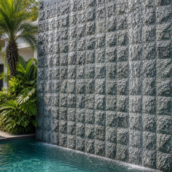 Parede de água revestida em Pedra Hijau Bruta despejando na piscina, com palmeiras ao lado
