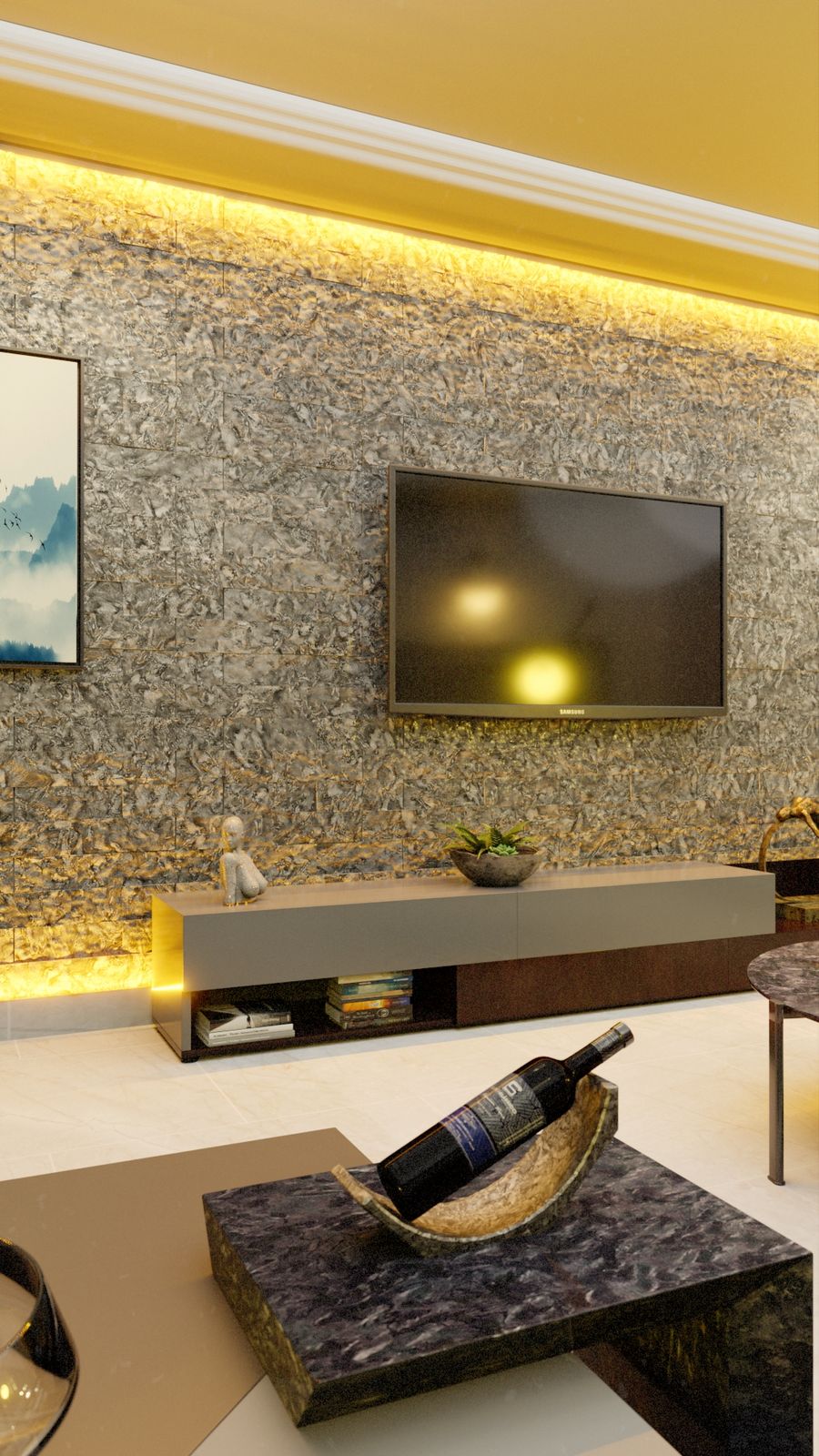 Painel de TV em sala de estar revestido em Rock Face Matrix, com sanca iluminada