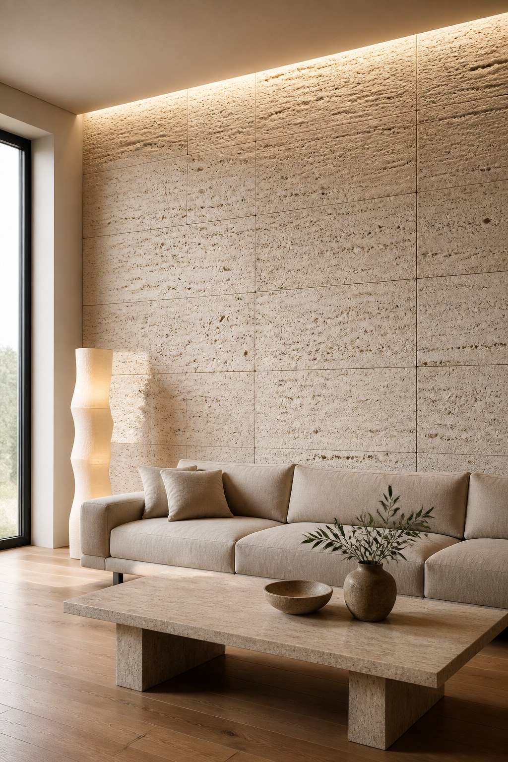 Travertino Romano Vulcano aplicado. Revestimento de parede, áreas internas e externas
