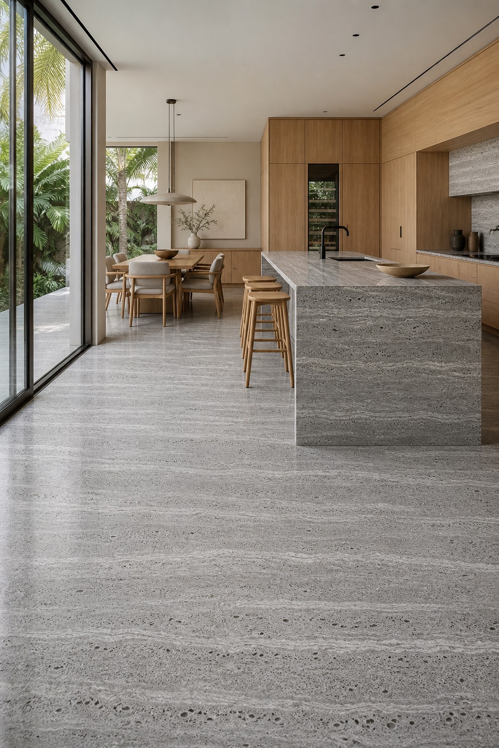 Travertino Silver Cross Cut aplicado. Piso e revestimento, projetos contemporâneos