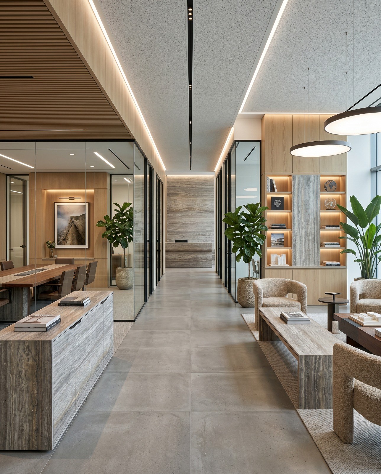 Travertino Silver Vein Cut aplicado. Piso e revestimento, projetos contemporâneos