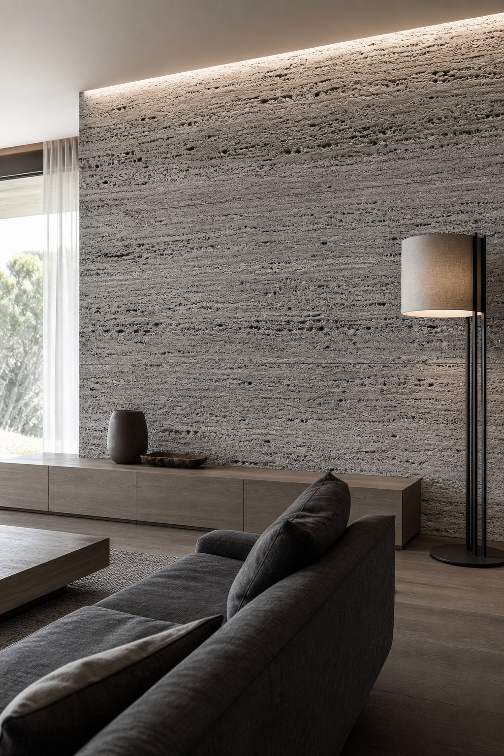 Travertino Silver Vulcano aplicado. Revestimento de parede de destaque